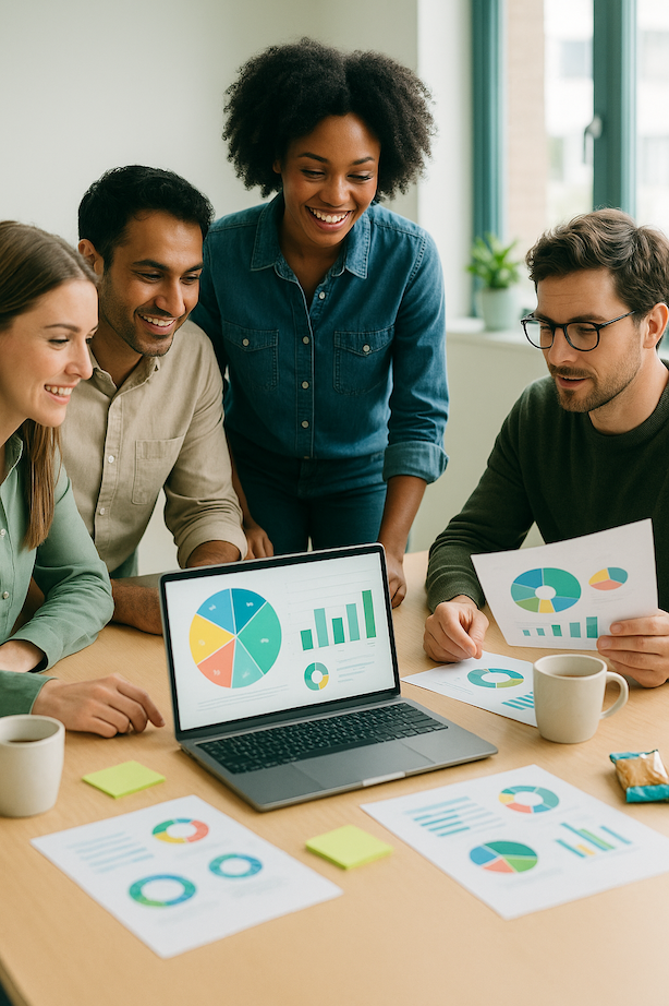Équipe consumer insights et marketing analysant graphiques et insights